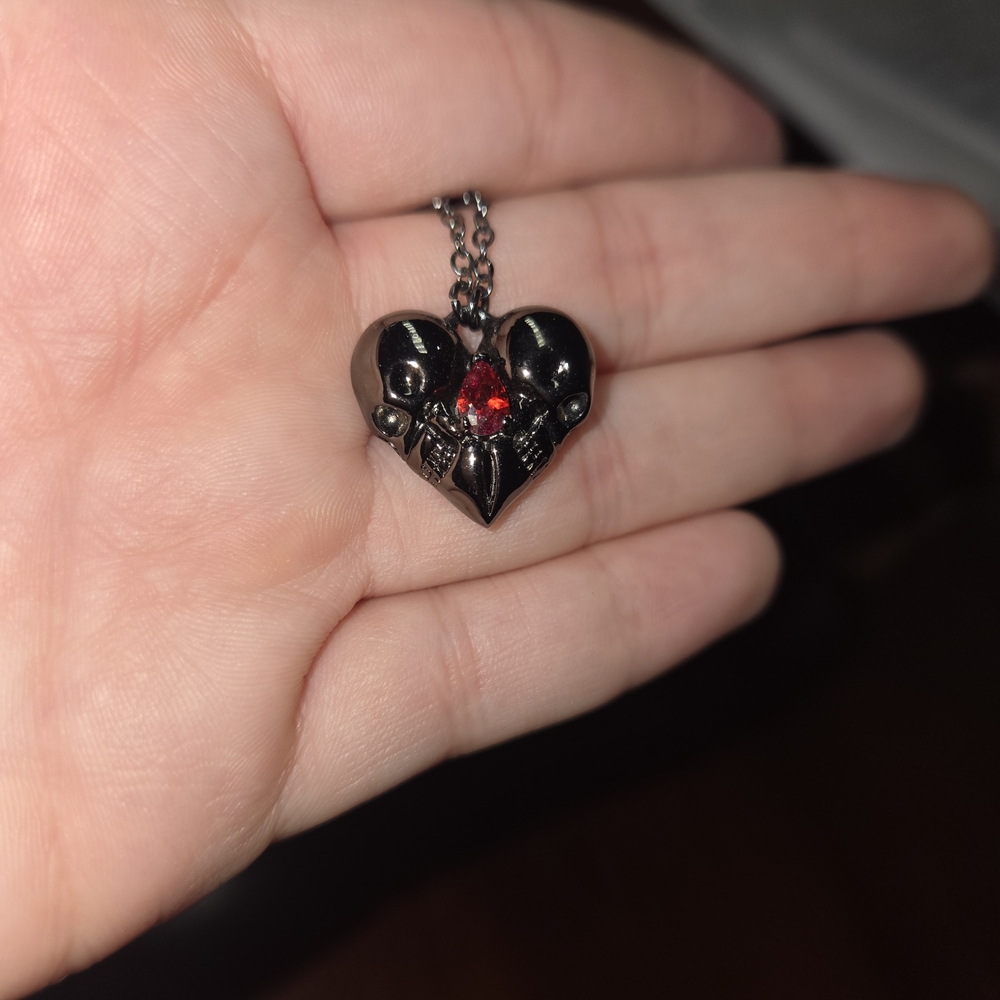 Black Heart Pendant Necklace with Red Gemstone